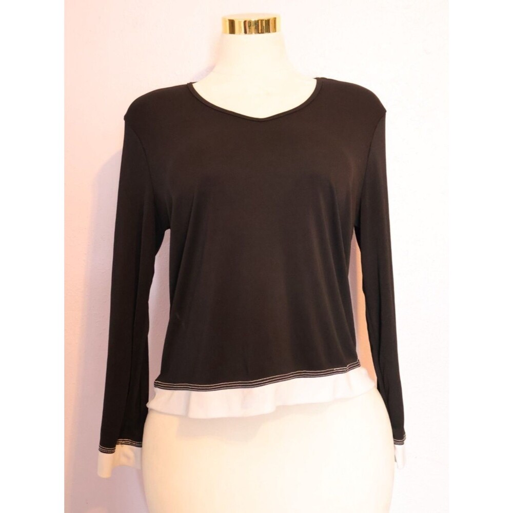 Black Long-Sleeve Layered-Hem Tee with White Contrast